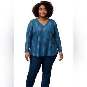 SWEETNIGHT PEACOCK PRINT V NECK LONG SLEEVED PULLOVER TOP Size 2XL Blue Purple